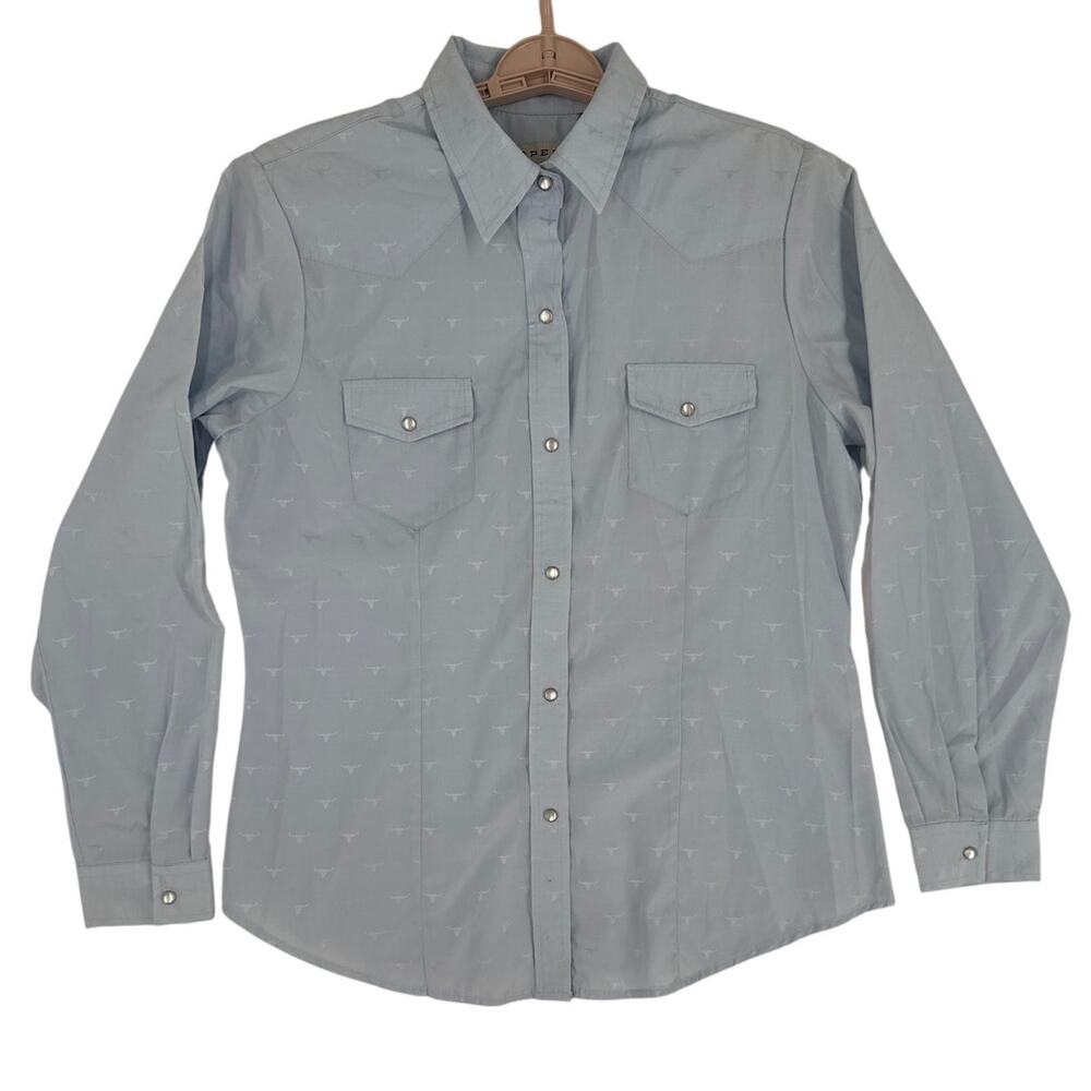 Roper solid light blue western snap on bull print down shirt long sleeve size L